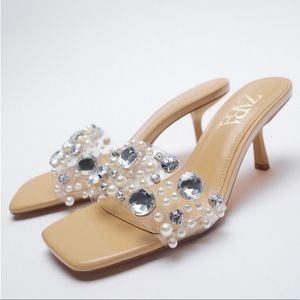 Zara! Embellished Heeled Vinyl Sandals with pearls and gem beading! NWT!